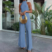 Elegant Sleeveless Halter Crop Top & Wide‑Leg Pants Set Blue Outfit Sets