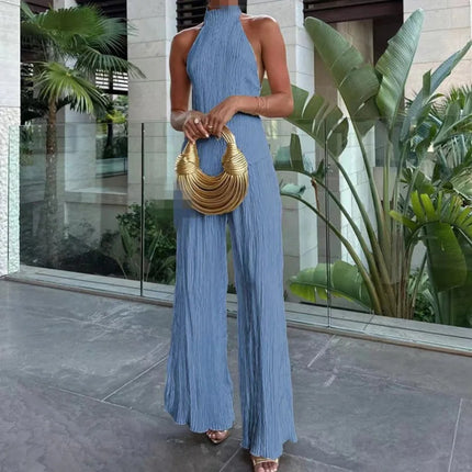 Elegant Sleeveless Halter Crop Top & Wide‑Leg Pants Set Blue Outfit Sets
