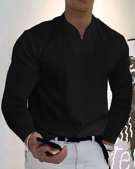 Men's Stylish Long-Sleeve V-Neck T-Shirt Black T-Shirts