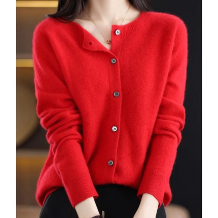 Pure Wool Ladies O-neck Cardigan Cashmere Sweater Red Sweater