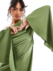 Green Asymmetrical Hem Satin Maxi Dress Dresses