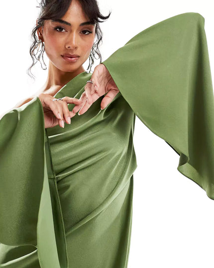 Green Asymmetrical Hem Satin Maxi Dress Dresses