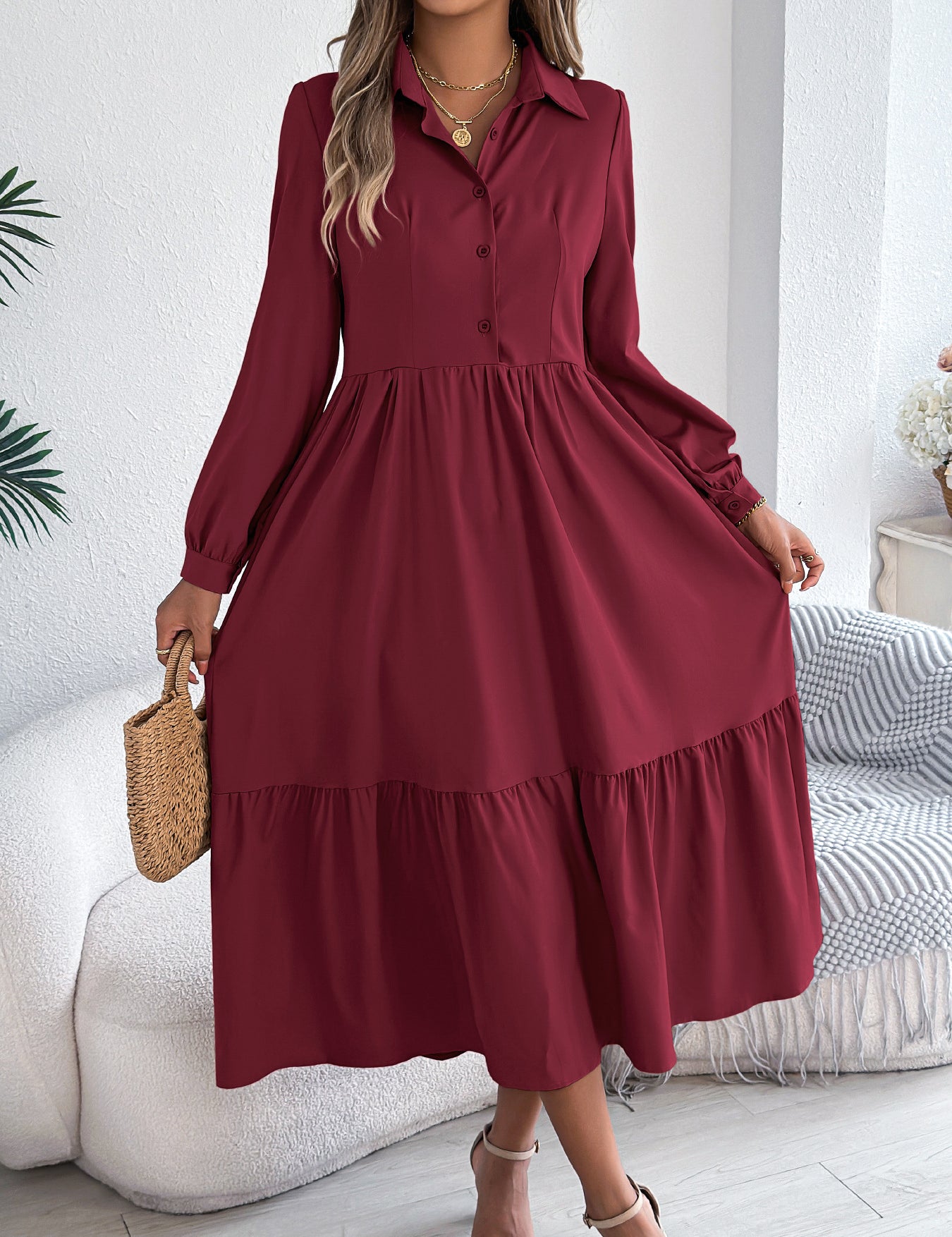 Women's Lapel Loose Ruffled Shirt Dress – Casual Long-Sleeve Vacation Dress Wine Red Dresses