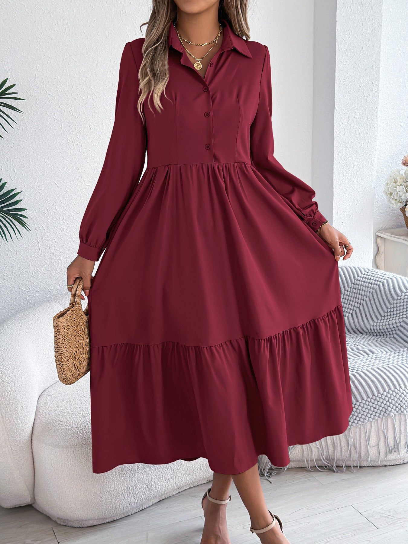 Women's Lapel Loose Ruffled Shirt Dress – Casual Long-Sleeve Vacation Dress Wine Red Dresses