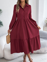 Women's Lapel Loose Ruffled Shirt Dress – Casual Long-Sleeve Vacation Dress Wine Red Dresses
