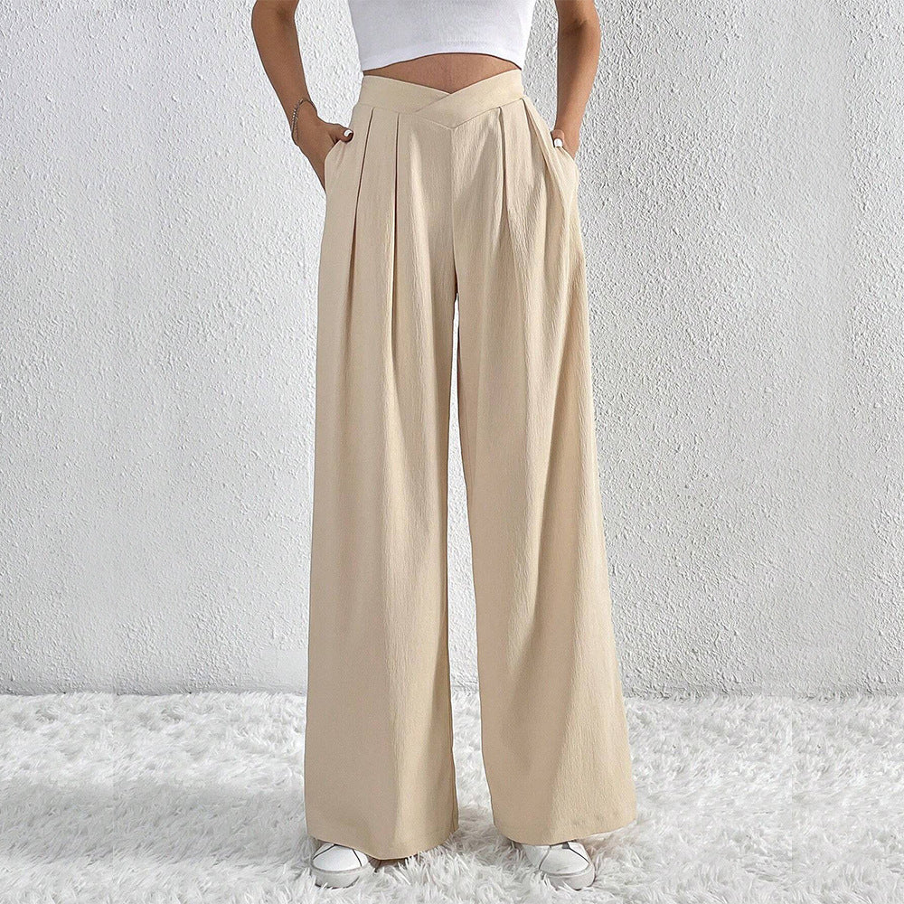 Summer New Solid Color Pleated Casual Wide-leg Pants Loose Casual Women's Commuting Versatile Style Comfortable TrousersS Apricot