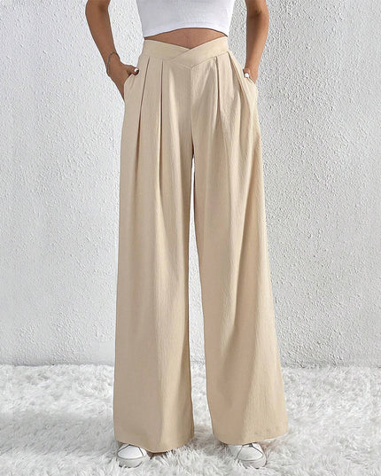 Summer New Solid Color Pleated Casual Wide-leg Pants Loose Casual Women's Commuting Versatile Style Comfortable TrousersS Apricot