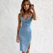 New U-Neck Suspender Denim Dress Blue Dresses