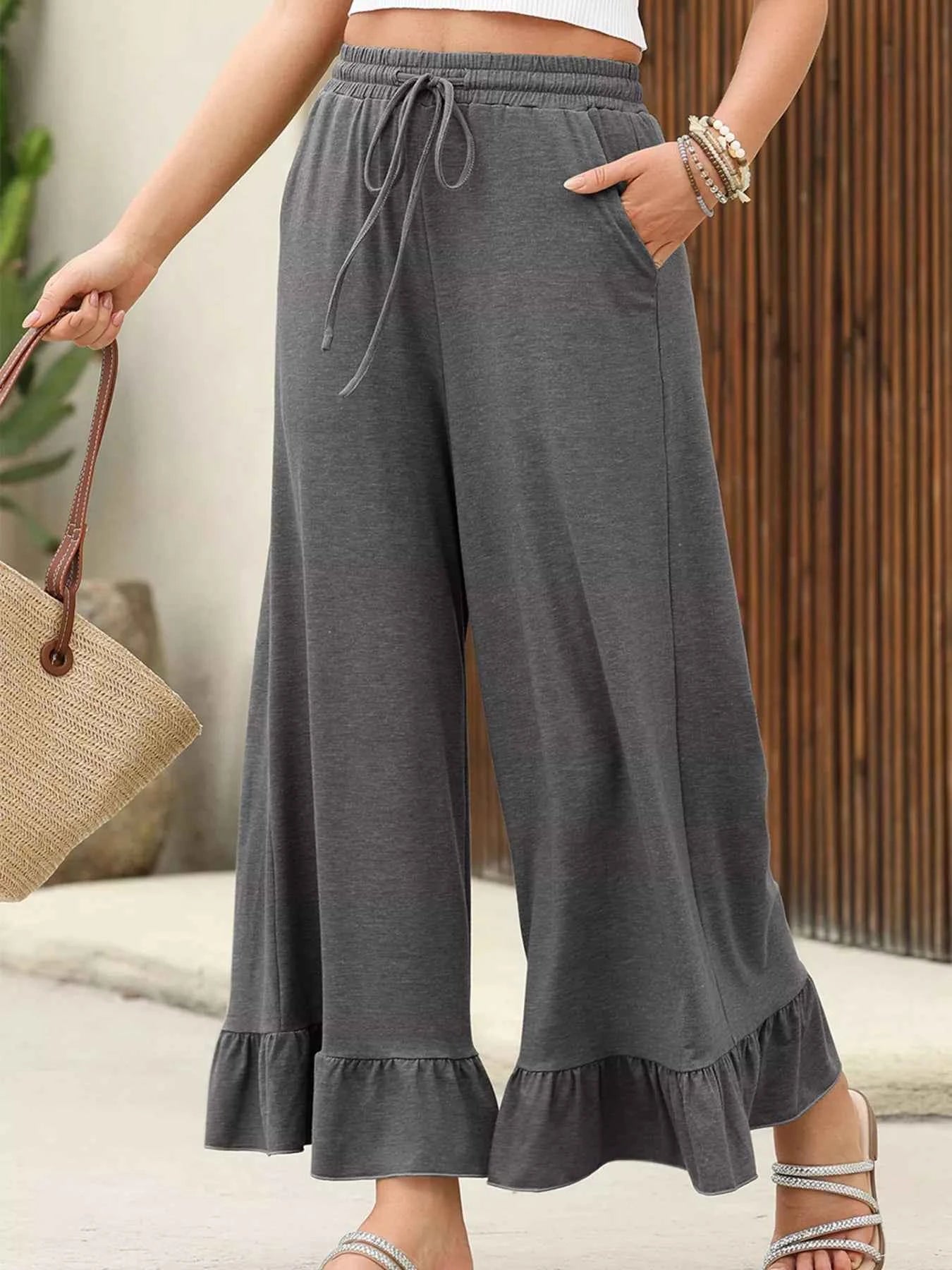 Ruffled Wide Leg Pull On High Waist Pants with Pockets
