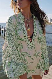 Flower Print Shirt Short Set Women Green Outfit Sets