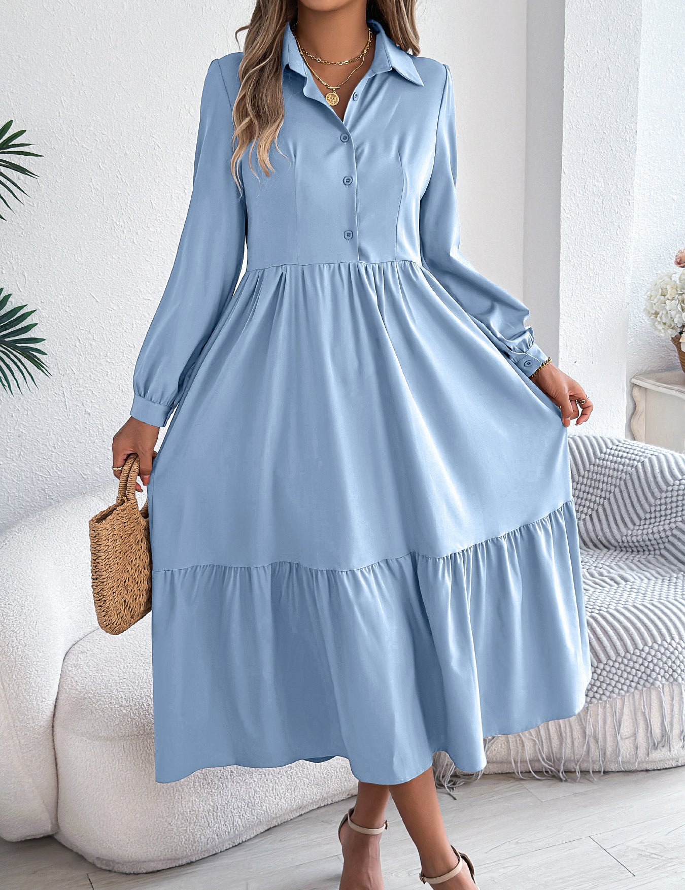 Women's Lapel Loose Ruffled Shirt Dress – Casual Long-Sleeve Vacation Dress Light Blue Dresses