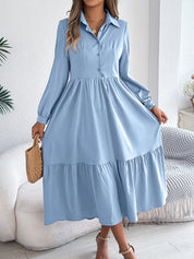 Women's Lapel Loose Ruffled Shirt Dress – Casual Long-Sleeve Vacation Dress Light Blue Dresses