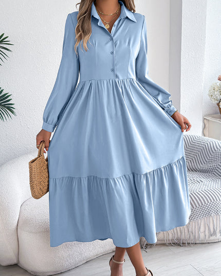 Women's Lapel Loose Ruffled Shirt Dress – Casual Long-Sleeve Vacation Dress Light Blue Dresses