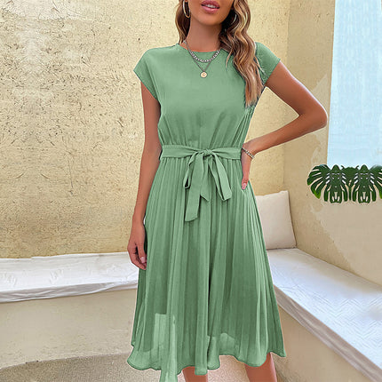 Women's Summer Pleated Short Sleeve Dress with Waist Tie Mint green Dresses