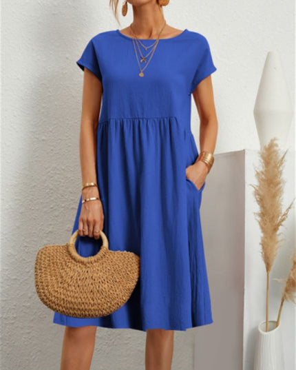 Women’s A‑Line Short‑Sleeve Dress with Pockets Blue Dresses