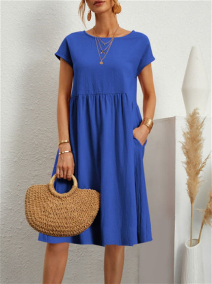 Women’s A‑Line Short‑Sleeve Dress with Pockets Blue Dresses