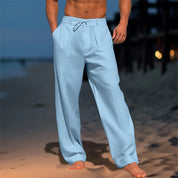 Men's Casual Wide-Leg Drawstring Pants with Pockets Light Blue Trousers