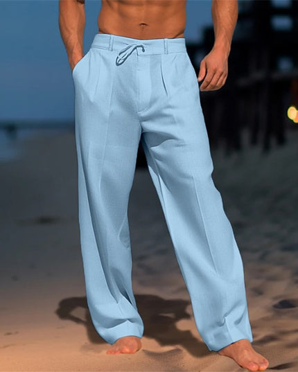 Men's Casual Wide-Leg Drawstring Pants with Pockets Light Blue Trousers