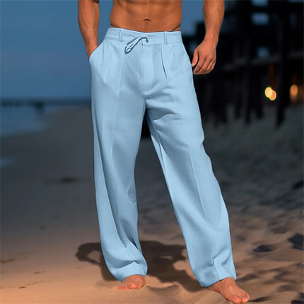 Men's Casual Wide-Leg Drawstring Pants with Pockets Light Blue Trousers
