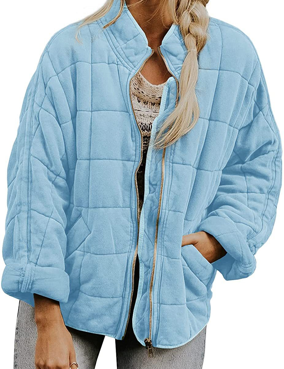 Plaid Stand-Collar Zip-Up Winter Coat for Women Light Blue Coat