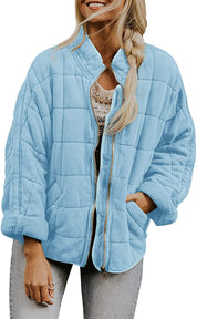 Plaid Stand-Collar Zip-Up Winter Coat for Women Light Blue Coat