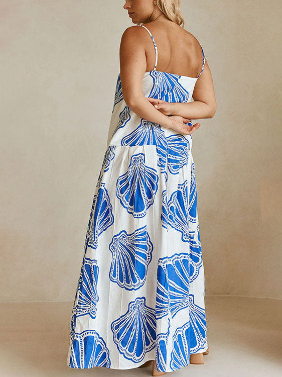 Holiday Casual Ocean Shell Print Sling Maxi Dress Dresses