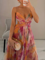 Elegant Painted Floral Print V-Neck A-Line Maxi Dress Dresses