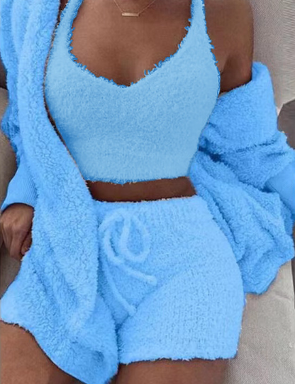 3-Piece Women’s Pajama Set | Crop Top, Shorts & Jacket Blue Women Pants