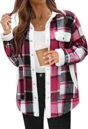 Women's Cozy Plaid Fleece Jacket Rose red Fleece Jacket