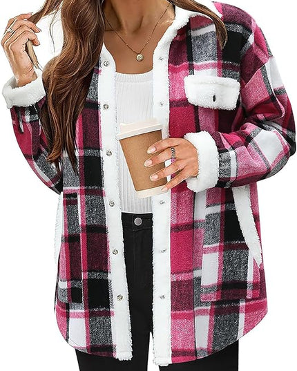 Women's Cozy Plaid Fleece Jacket Rose red Fleece Jacket