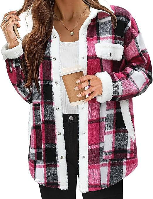 Women's Cozy Plaid Fleece Jacket Rose red Fleece Jacket