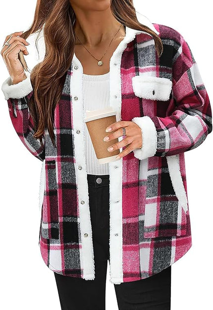 Women's Cozy Plaid Fleece Jacket Rose red Fleece Jacket