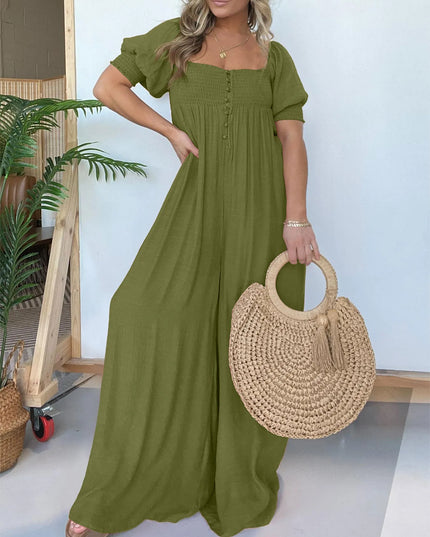 Wyn™ | Feminine Flair Smocked Jumpsuit Green Jumpsuit