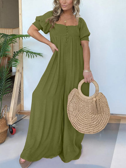 Wyn™ | Feminine Flair Smocked Jumpsuit Green Jumpsuit