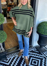 Inessa™ | High Neck Bat Sleeve Striped Sweater Green Sweaters