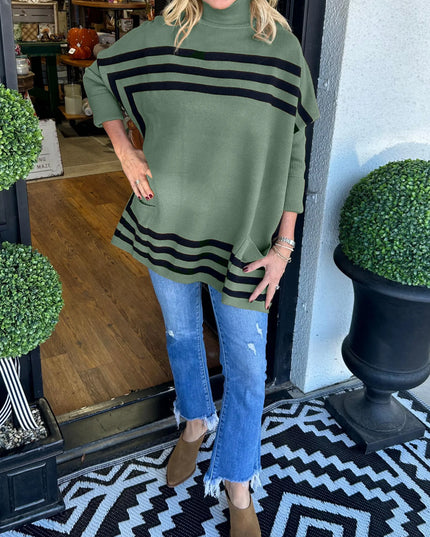 Inessa™ | High Neck Bat Sleeve Striped Sweater Green Sweaters