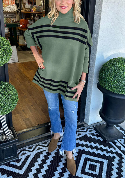 Inessa™ | High Neck Bat Sleeve Striped Sweater Green Sweaters