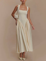 Minimalist Retro Square‑Neck Midi Dress Apricot Dresses