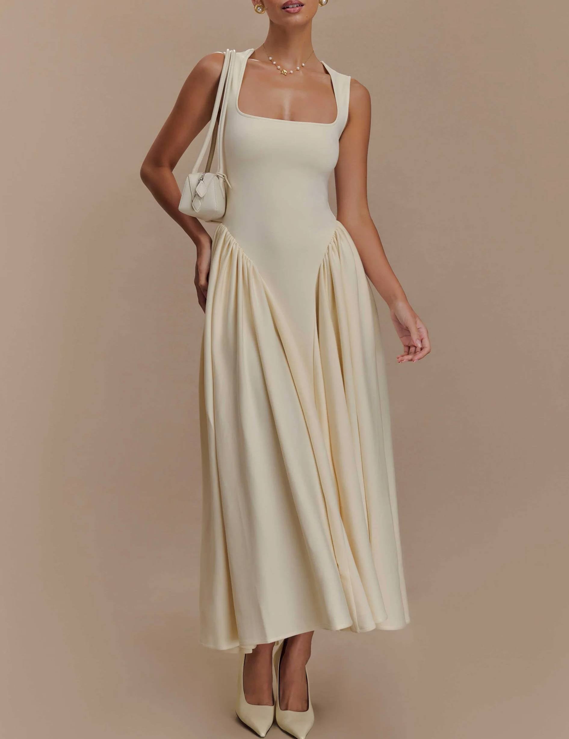 Minimalist Retro Square‑Neck Midi Dress Apricot Dresses