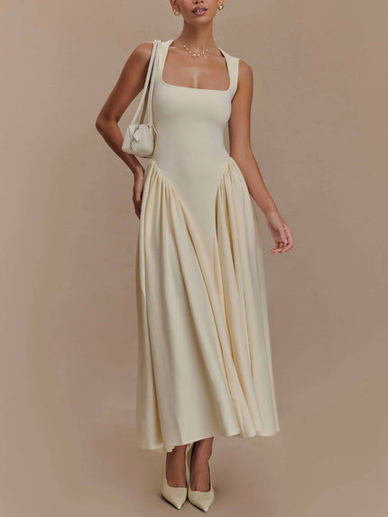Minimalist Retro Square‑Neck Midi Dress Apricot Dresses