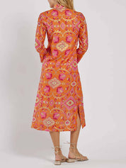 Printed Midi Dress Stand Collar Floral Summer Dresses