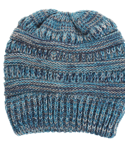 Women’s Mixed-Color Knitted Wool Ponytail Hat Blue Tibetan Hats