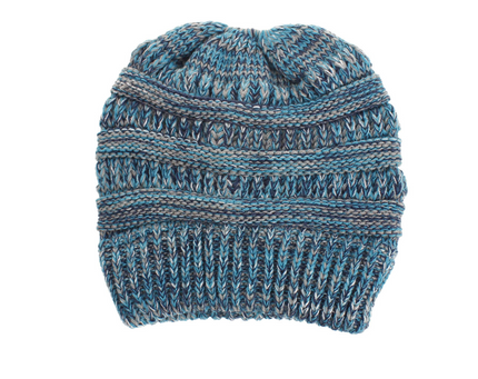 Women’s Mixed-Color Knitted Wool Ponytail Hat Blue Tibetan Hats