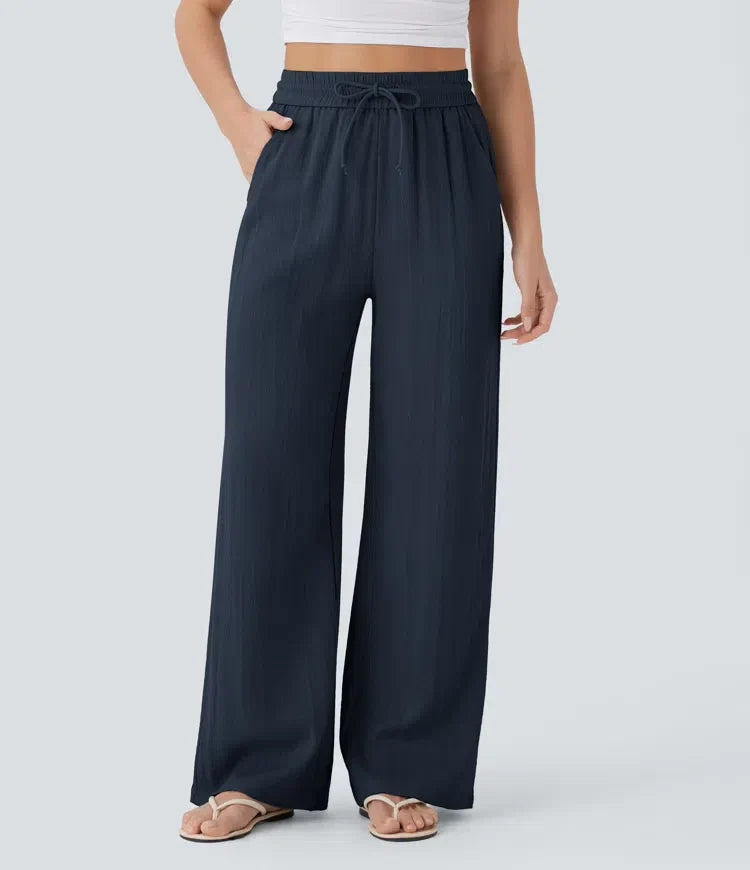 Elegant Linen Wide‑Leg Pants Navy Blue Women Pants