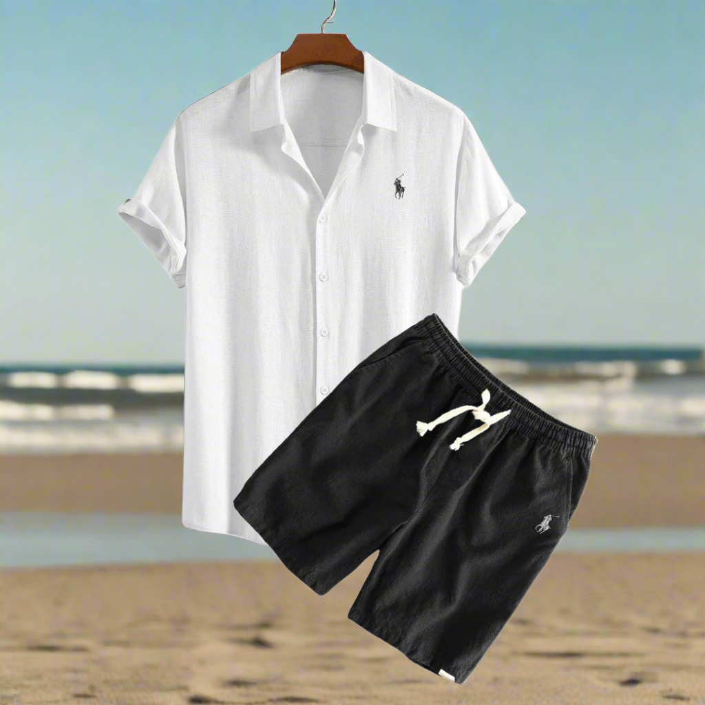 Linen Shirt and Shorts Set White and Black Men Set