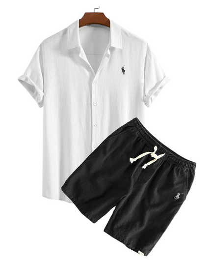 Linen Shirt and Shorts Set White and Black Men Set