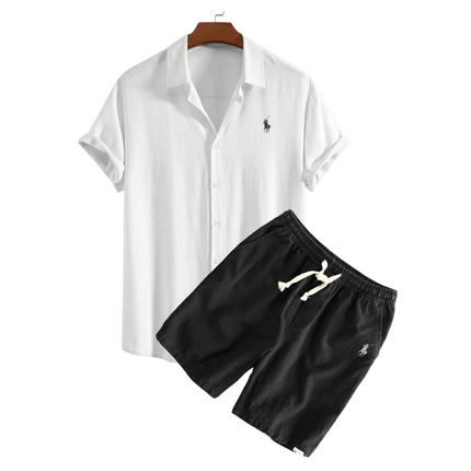 Linen Shirt and Shorts Set White and Black Men Set