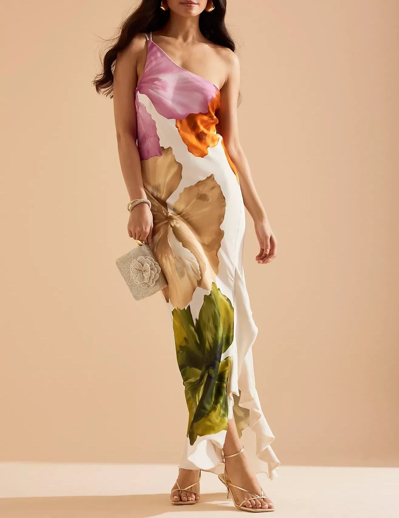 One-Shoulder Maxi Slip Dress Pink Dresses