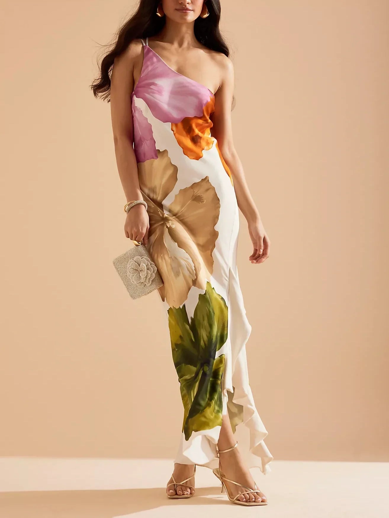 One-Shoulder Maxi Slip Dress Pink Dresses