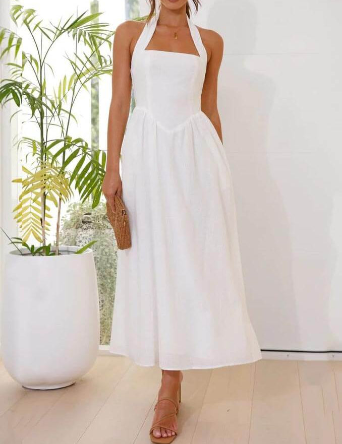 Waist Little Black Halter Neck Dress Mid Length Dress White Dresses